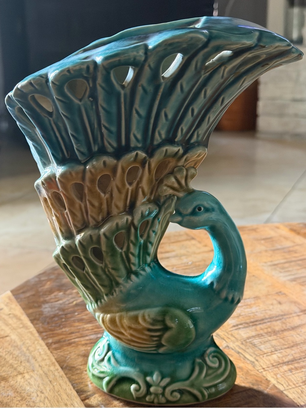 Debao Ceramic Peacock Wall Pocket Hanging Blue Green Pierced Tail 10.5”